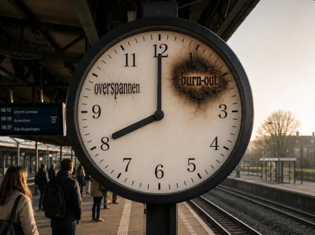 Klok met overspannen op de wijzerplaat en een verbrand burn-out gedeelte, symbool voor oplopende tijd