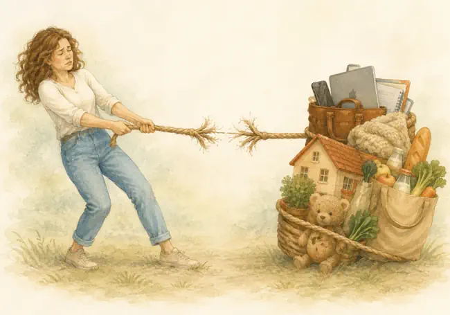 overspannen-touwtrekken-leven-miekeloor Vrouw trekt aan een touw tegen een overvolle mand met werk, huis en gezin, symbool voor overspannen zijn